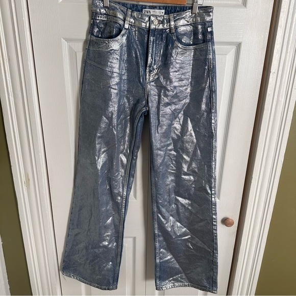Zara Z1975 MID RISE STRAIGHT CUT METALLIC FOIL JEANS Blue Silver NWOT Size 4 - Picture 2 of 10